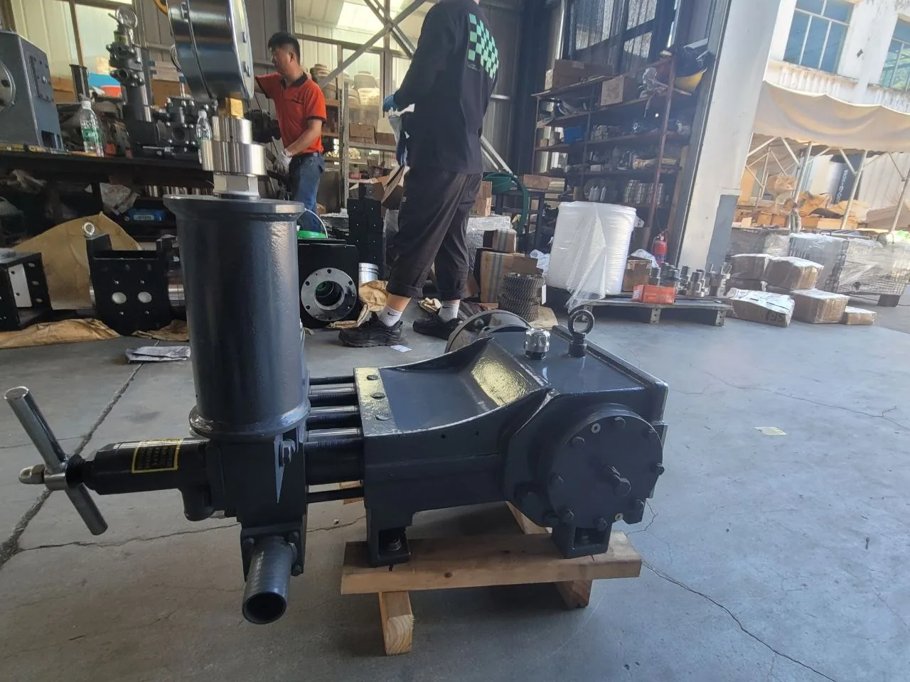 Drive-side view of an industrial reciprocating mud pump